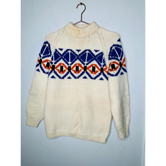 Vintage 70s/80s White Blue Turtleneck Hand Knit Sweater Size Medium - Picture 1 of 6